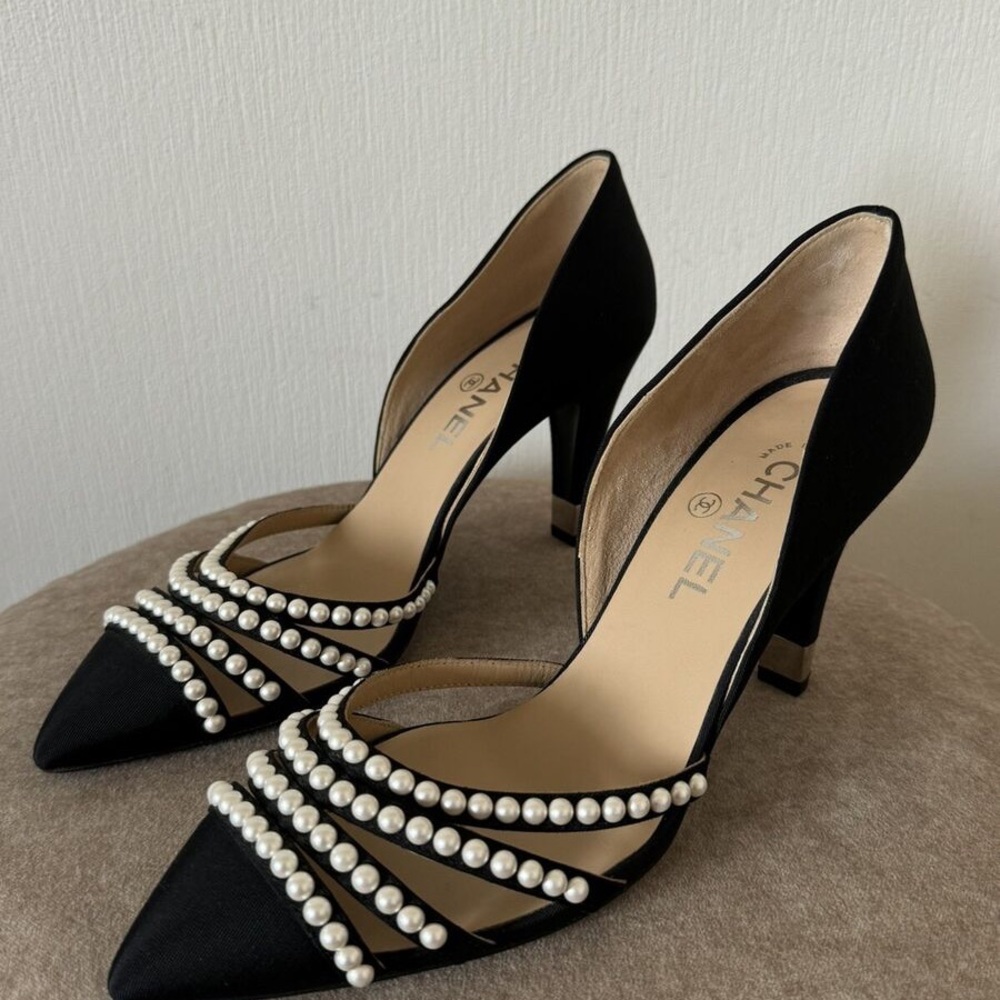 Chanel Black Heels with Pearl Embellishments